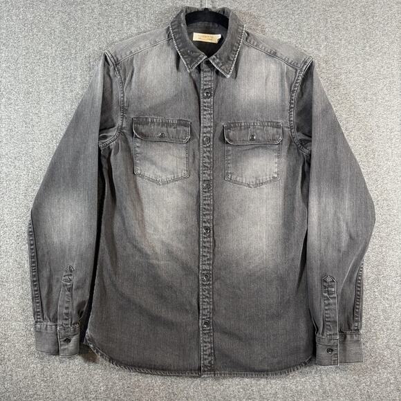 AllSaints Denim Shirt Mens XS Corduroy Collar Gray Flap Pockets Nice Fade - Picture 13 of 14